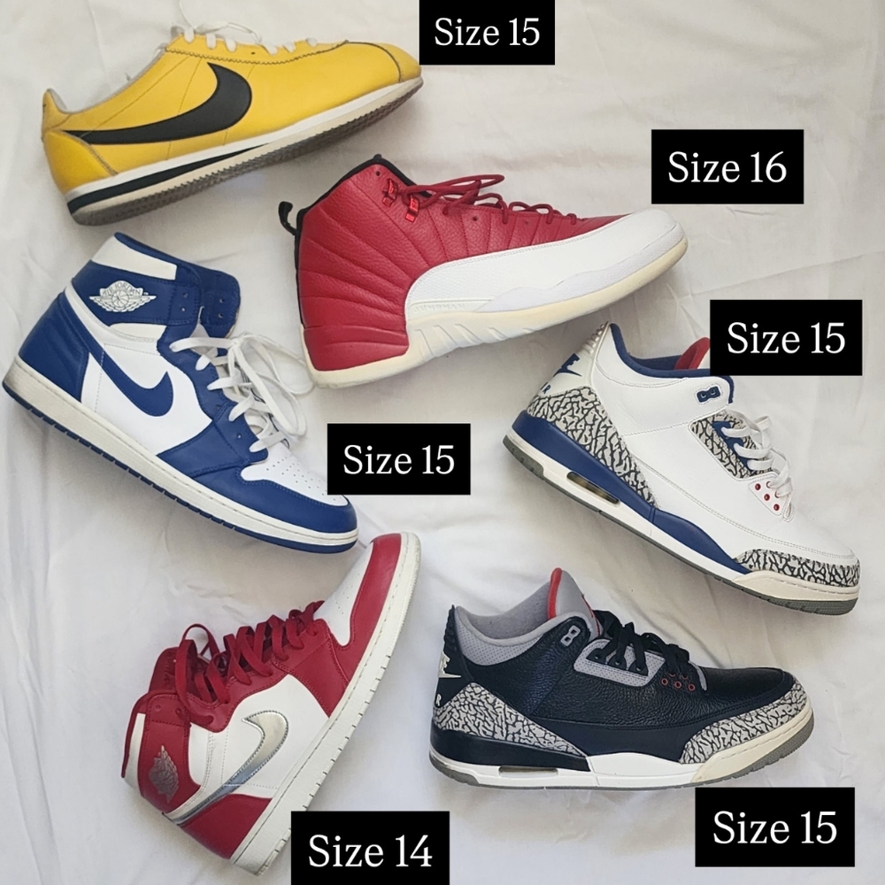 Bundle of 6 pairs: Jordans and Nike Cortez, all used. Sizes range from 14,15,16.